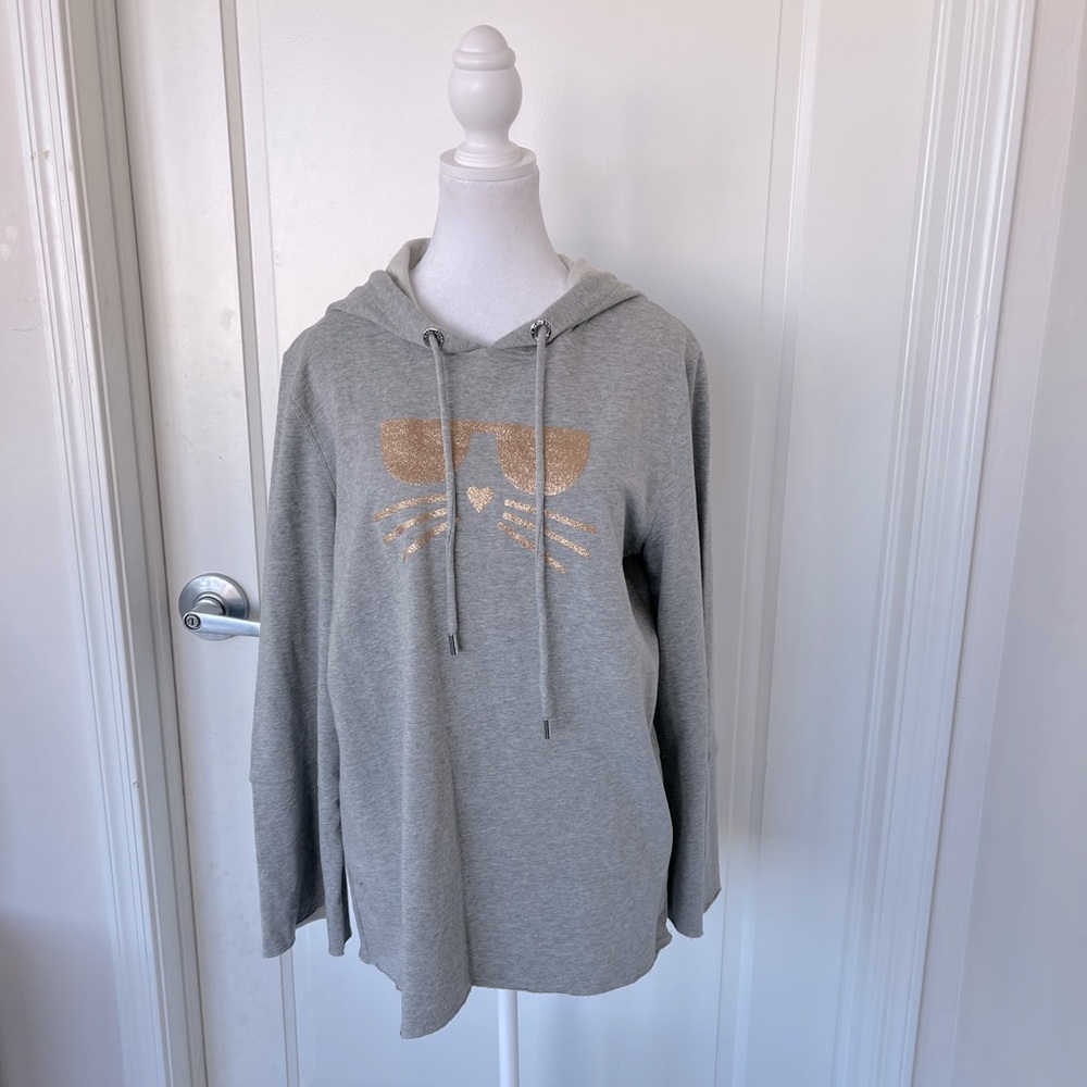 Karl Lagerfeld Women’s Hoodie With Gold Glitter Cat Face Size Medium